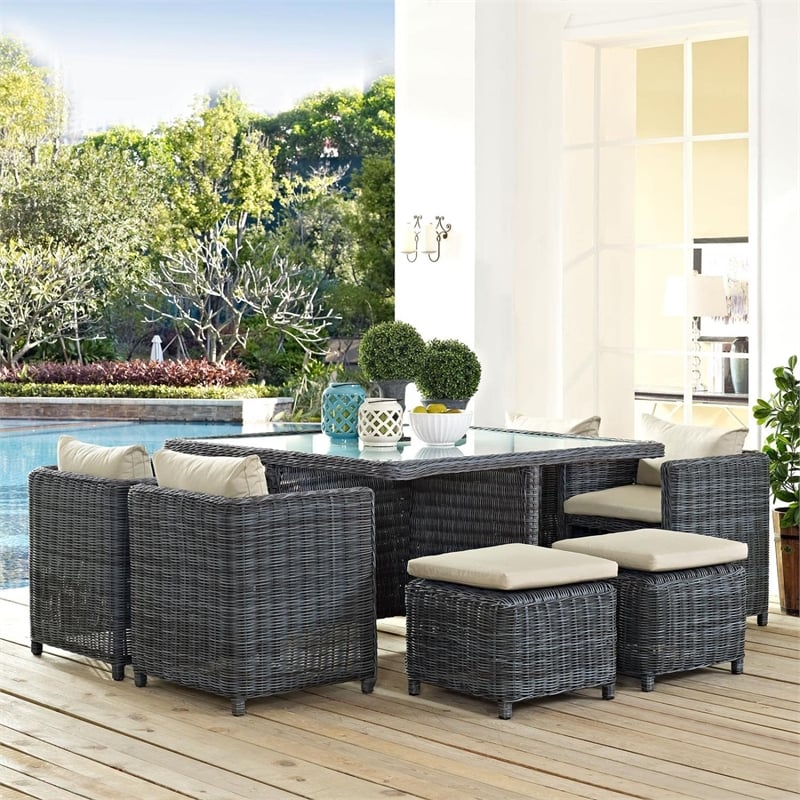 Modway Summon 9-Piece Aluminum and Rattan Patio Dining Set in Canvas/Beige