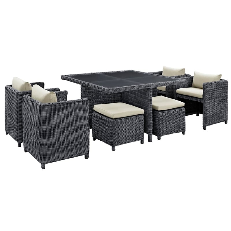 Modway Summon 9-Piece Aluminum and Rattan Patio Dining Set in Canvas/Beige