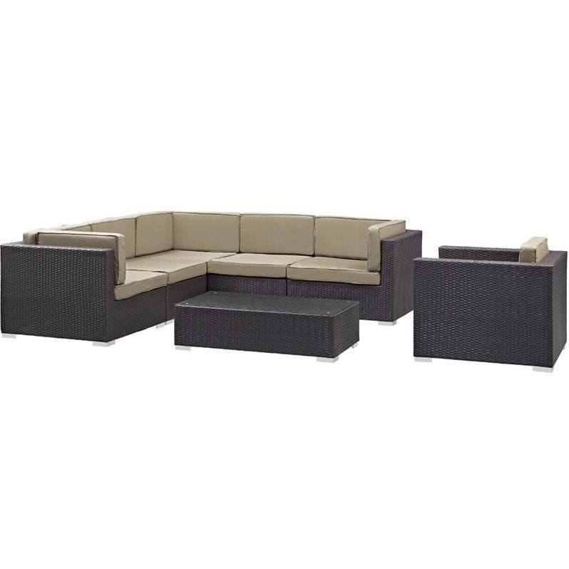 Modway Corona 7 Piece Outdoor Sofa Set in Espresso and Mocha