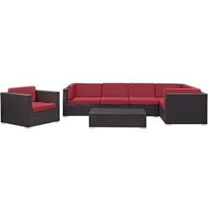 Modway Corona 7 Piece Outdoor Sofa Set in Espresso and Red