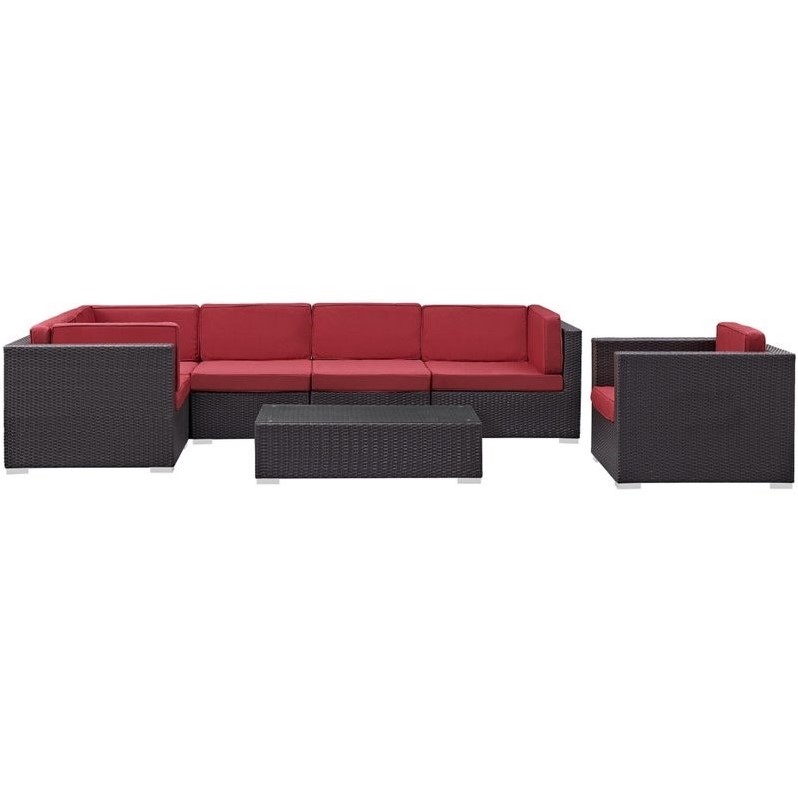 Modway Corona 7 Piece Outdoor Sofa Set in Espresso and Red