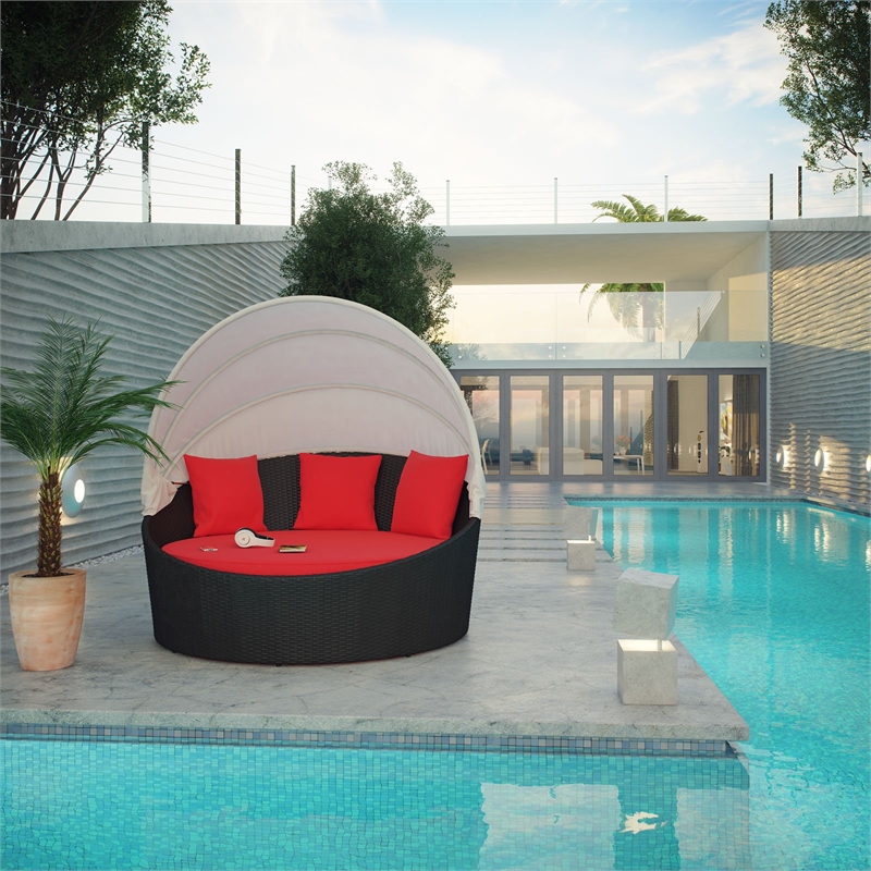 Modway Siesta Rattan Weave/Aluminum Canopy Patio Daybed in Espresso/Red