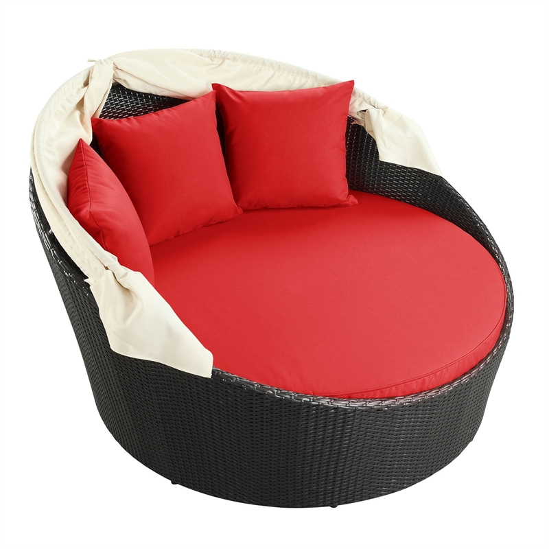 Modway Siesta Rattan Weave/Aluminum Canopy Patio Daybed in Espresso/Red
