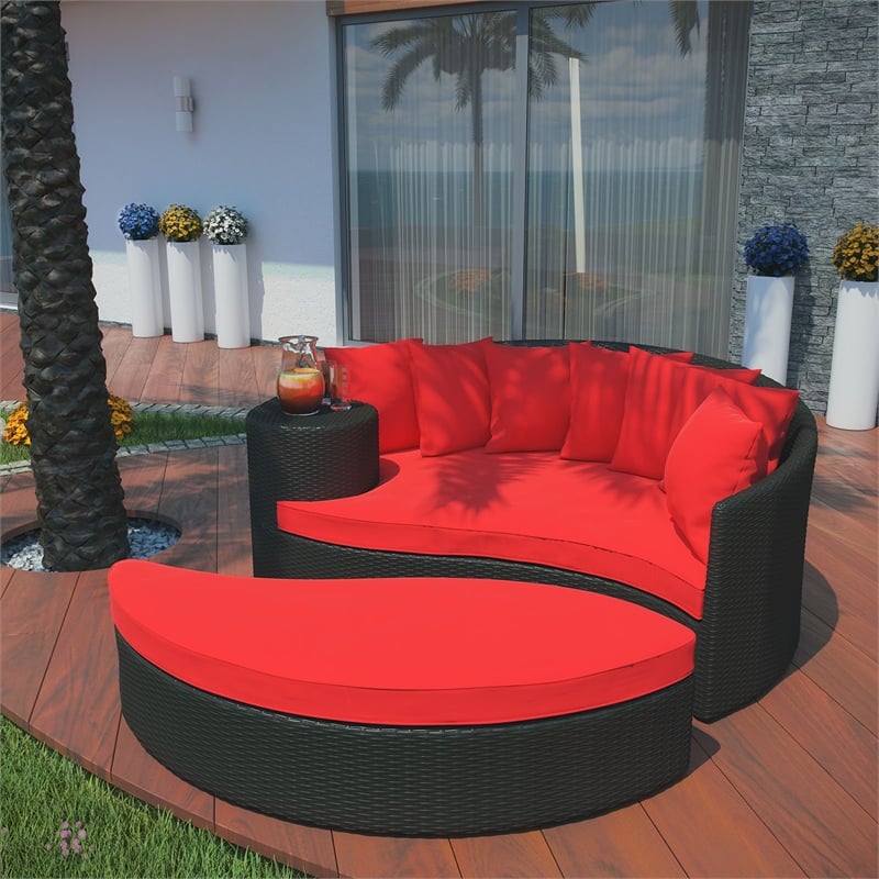 Modway Taiji Rattan Weave/Aluminum Patio Daybed in Espresso/Red