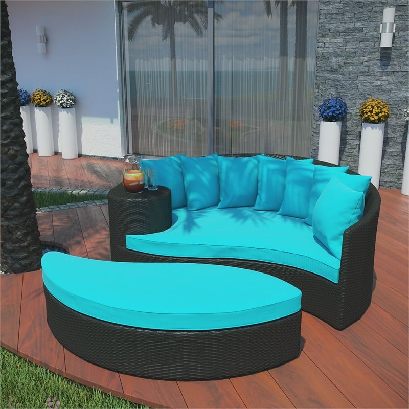 Modway Taiji Rattan Weave/Aluminum Patio Daybed in Espresso/Turquoise