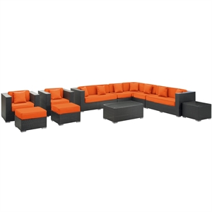 Modway Cohesion 11 Piece Outdoor Sofa Set in Espresso and Orange