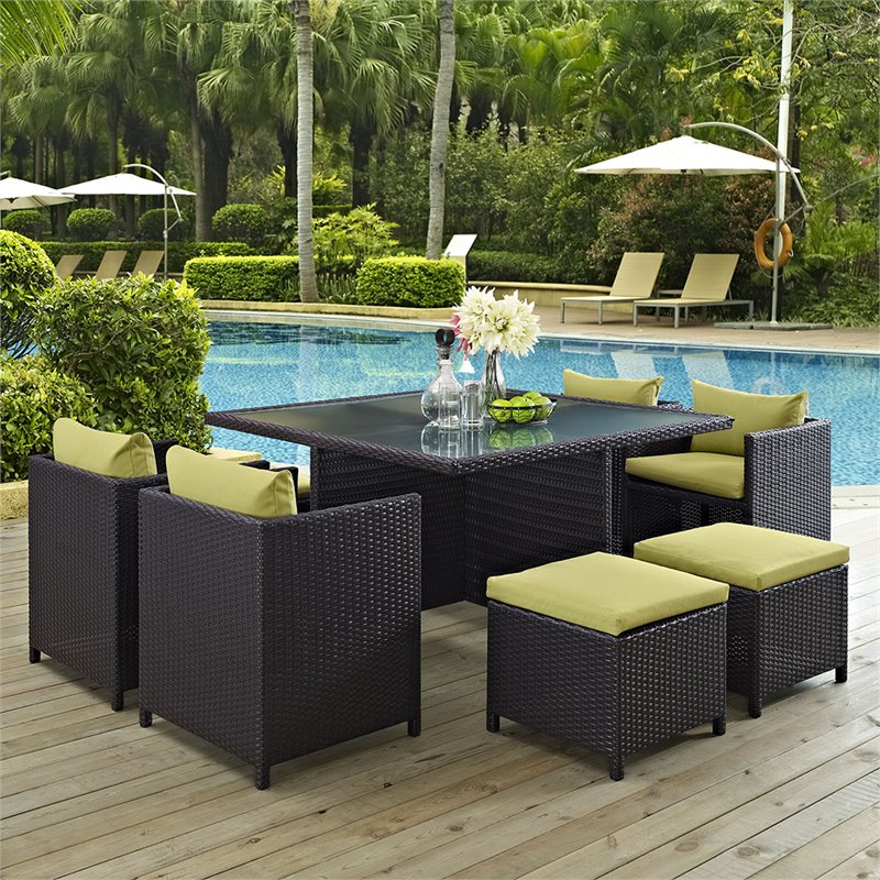 Modway Inverse 9 Piece Patio Dining Set in Espresso and Peridot