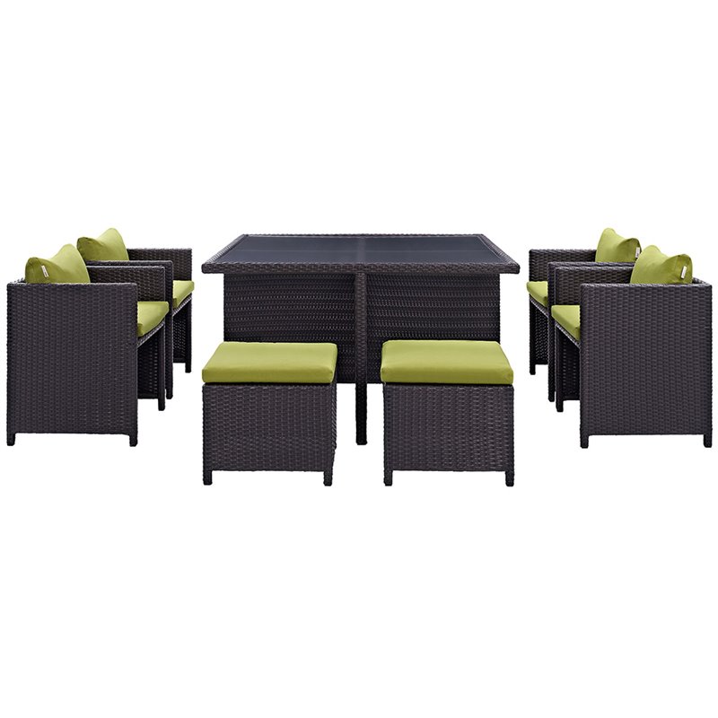 Modway Inverse 9 Piece Patio Dining Set in Espresso and Peridot