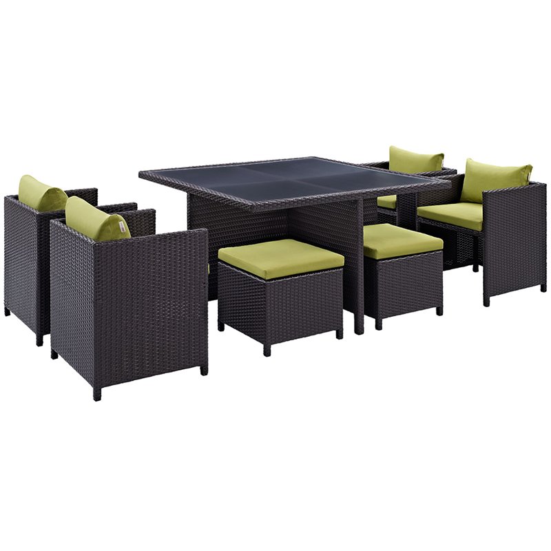 Modway Inverse 9 Piece Patio Dining Set in Espresso and Peridot