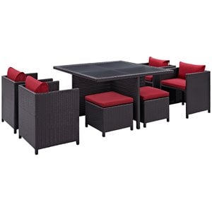 Modway Inverse 9 Piece Patio Dining Set in Espresso and Red