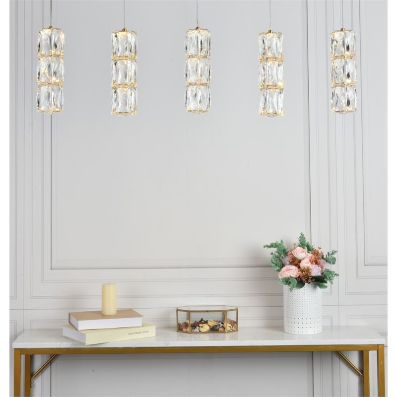 Elegant Lighting Polaris 5 Light Royal Cut Crystal LED Island Pendant in Gold