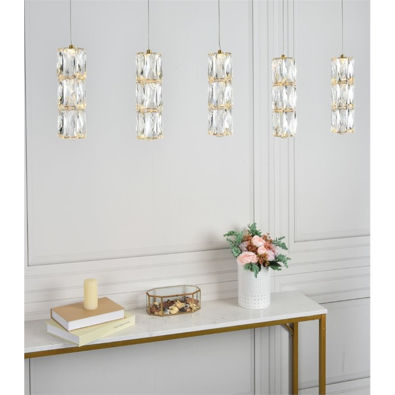Elegant Lighting Polaris 5 Light Royal Cut Crystal LED Island Pendant in Gold