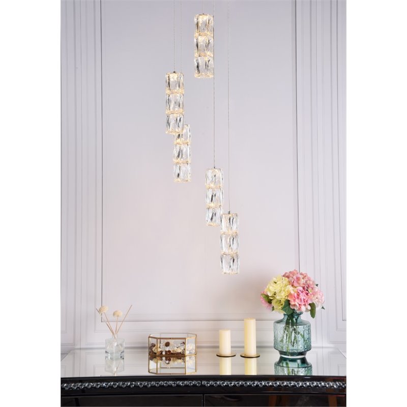 Elegant Lighting Polaris 5 Light Royal Cut Crystal LED Pendant in Chrome