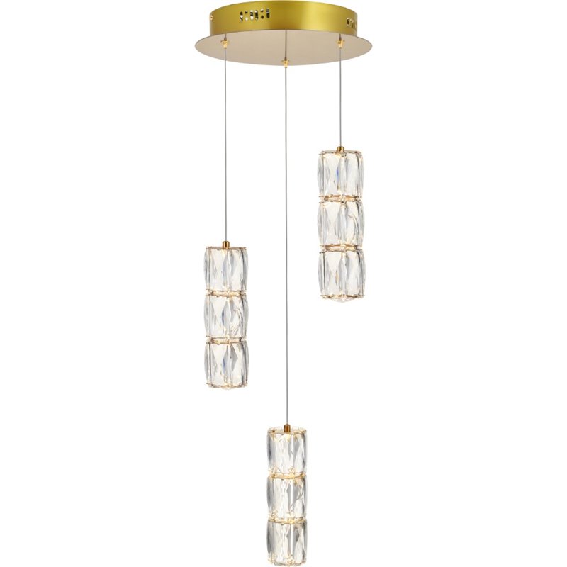 Elegant Lighting Polaris 3 Light Royal Cut Crystal LED Pendant in Gold