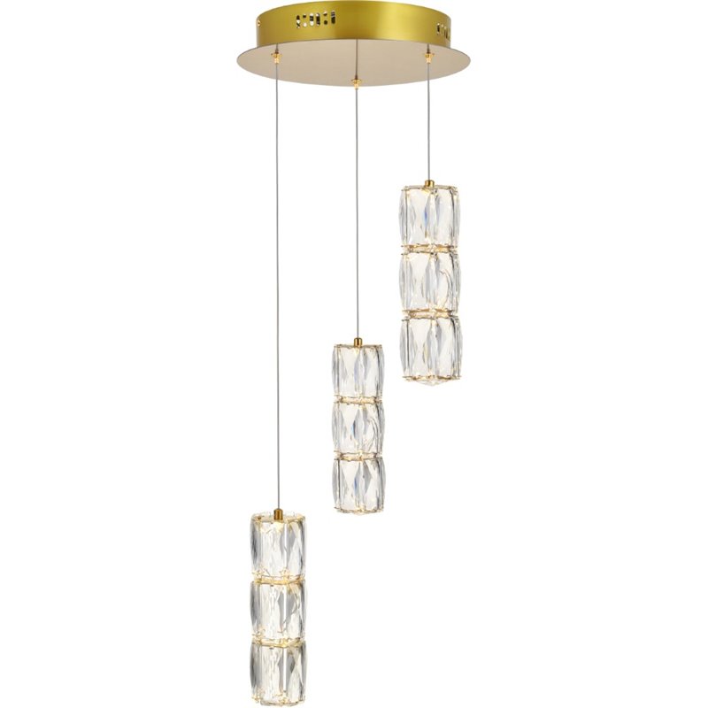Elegant Lighting Polaris 3 Light Royal Cut Crystal LED Pendant in Gold