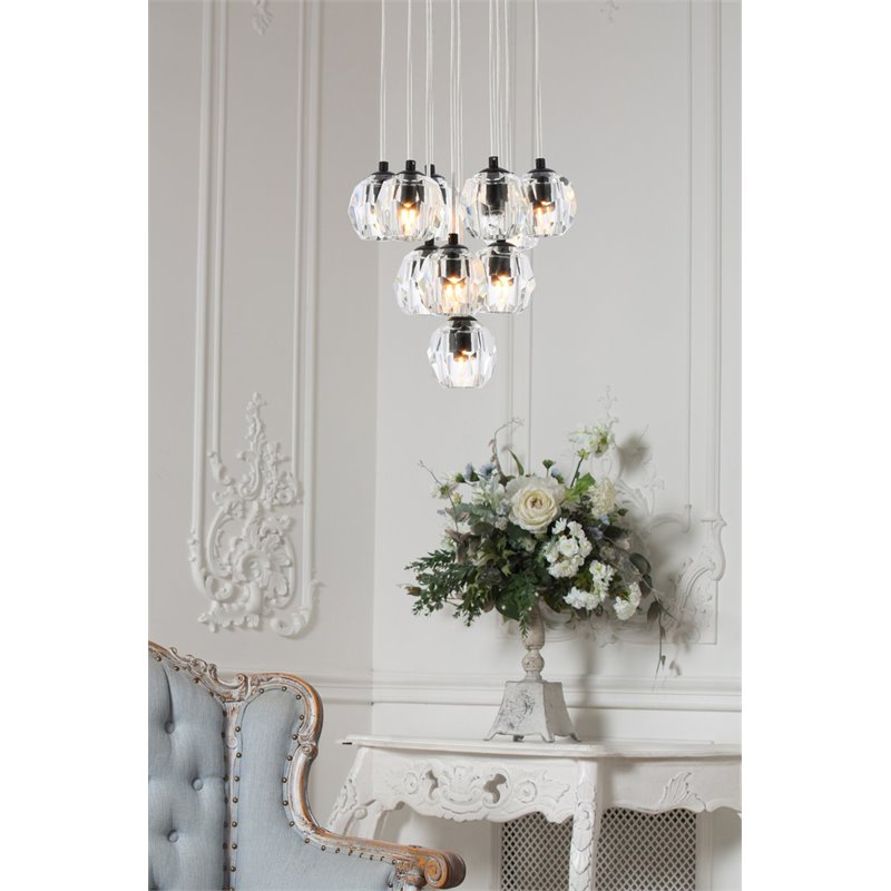 Elegant Lighting Eren 10-Light Stainless Steel and Glass Pendant in Black
