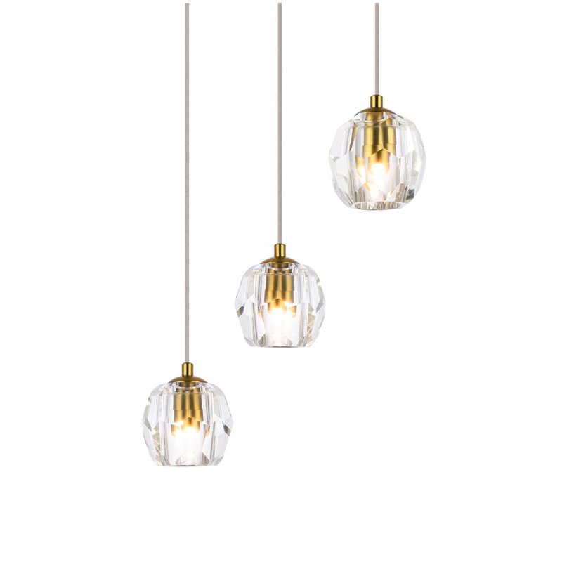 Elegant Lighting Eren 3-Light Stainless Steel and Crystal Glass Pendant in Gold