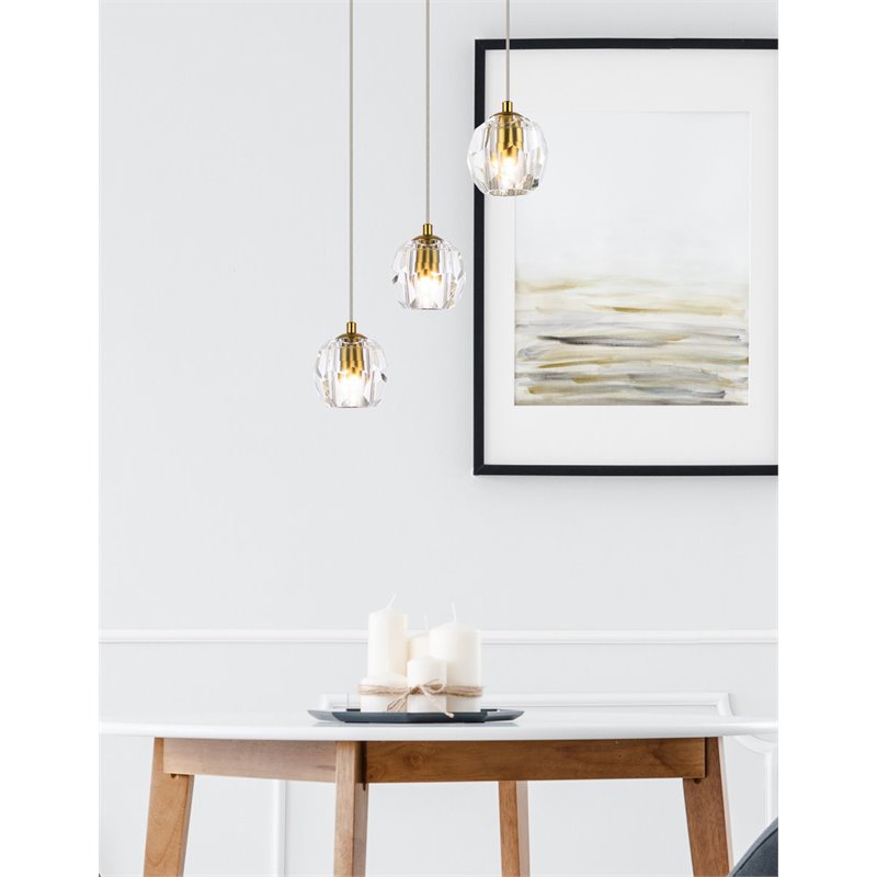 Elegant Lighting Eren 3-Light Stainless Steel and Crystal Glass Pendant in Gold