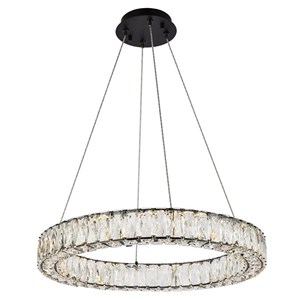 Elegant Lighting Monroe 23&quot Round Metal and Crystal LED Single Pendant in Black