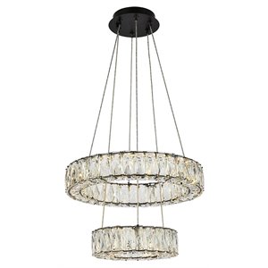 Elegant Lighting Monroe 18&quot Metal and Crystal LED Two Ring Pendant in Black