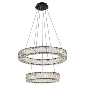 Elegant Lighting Monroe 24&quot Metal and Crystal LED Double Ring Pendant in Black