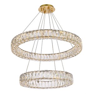 Elegant Lighting Monroe 28&quot Metal & Crystal LED Double Ring Chandelier in Gold