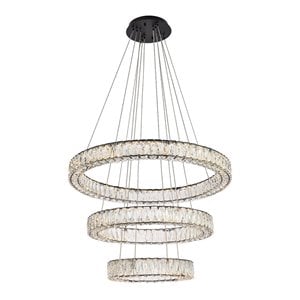 Elegant Lighting Monroe 32&quot Metal & Crystal LED Triple Ring Chandelier in Black