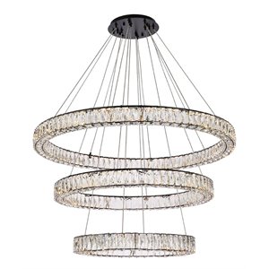 Elegant Lighting Monroe 41&quot Metal & Crystal LED Triple Ring Chandelier in Black