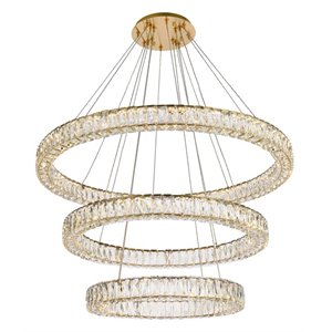 Elegant Lighting Monroe 41&quot Metal & Crystal LED Triple Ring Chandelier in Gold
