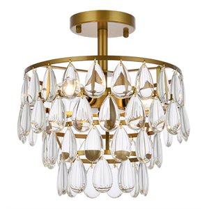 Elegant Lighting Mila 12&quot Iron and Crystal Flush Mount in Brass