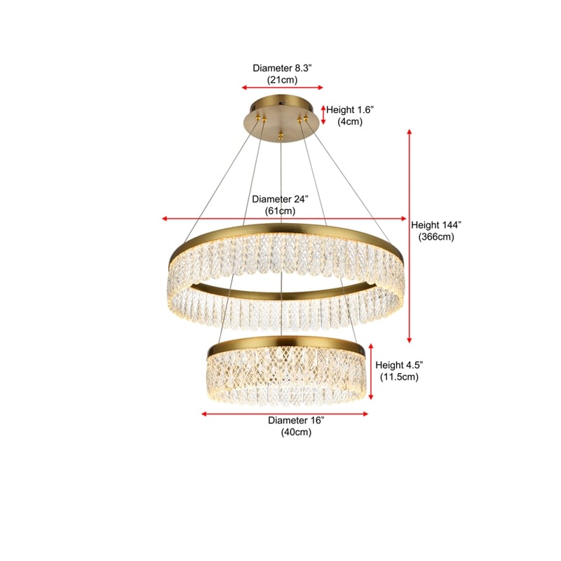 Elegant Lighting Rune 2-Light Metal Adjustable LED Chandelier in Satin Gold