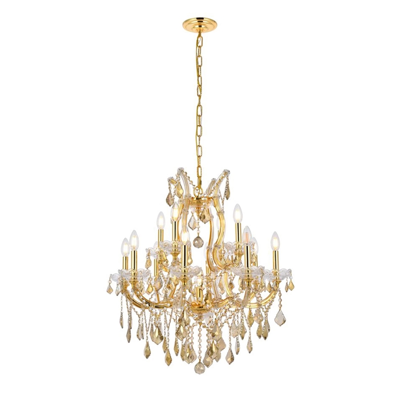 Elegant Lighting Maria Theresa 13 Light Glass Teak Crystal Chandelier in Gold