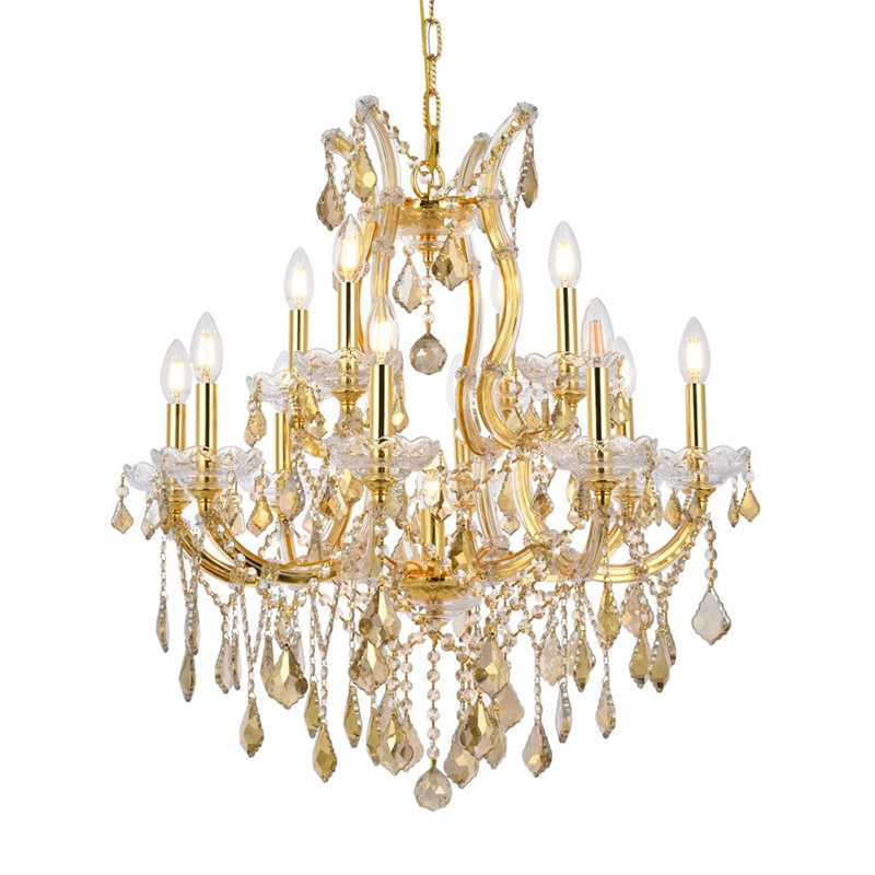 Elegant Lighting Maria Theresa 13 Light Glass Teak Crystal Chandelier in Gold
