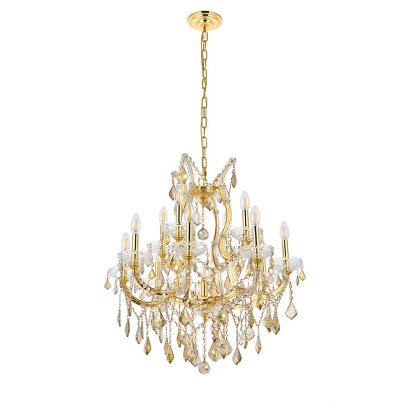Elegant Lighting Maria Theresa 13 Light Glass Teak Crystal Chandelier in Gold