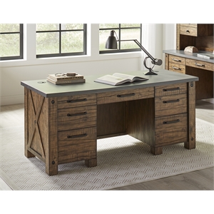 Double Pedestal Wood Desk Office Desk Rustic Brown With Concrete Top