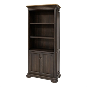 Executive Bookcase With Wood Doors Mildly Distressed Fully Assembled Brown