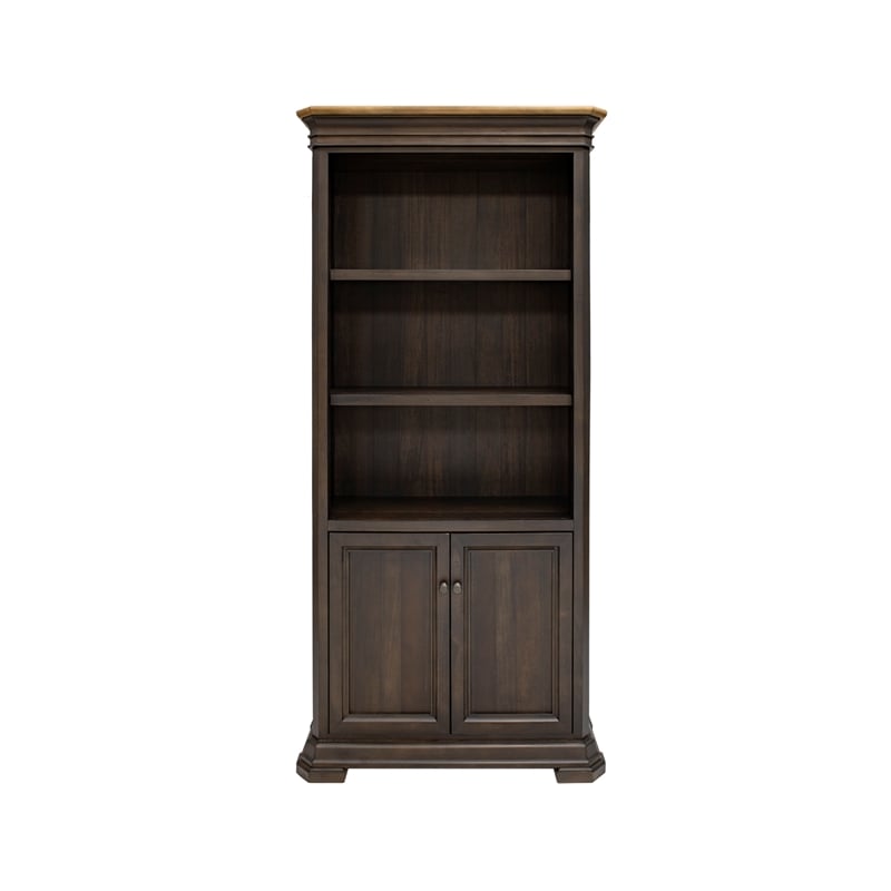 Executive Bookcase With Wood Doors Mildly Distressed Fully Assembled Brown