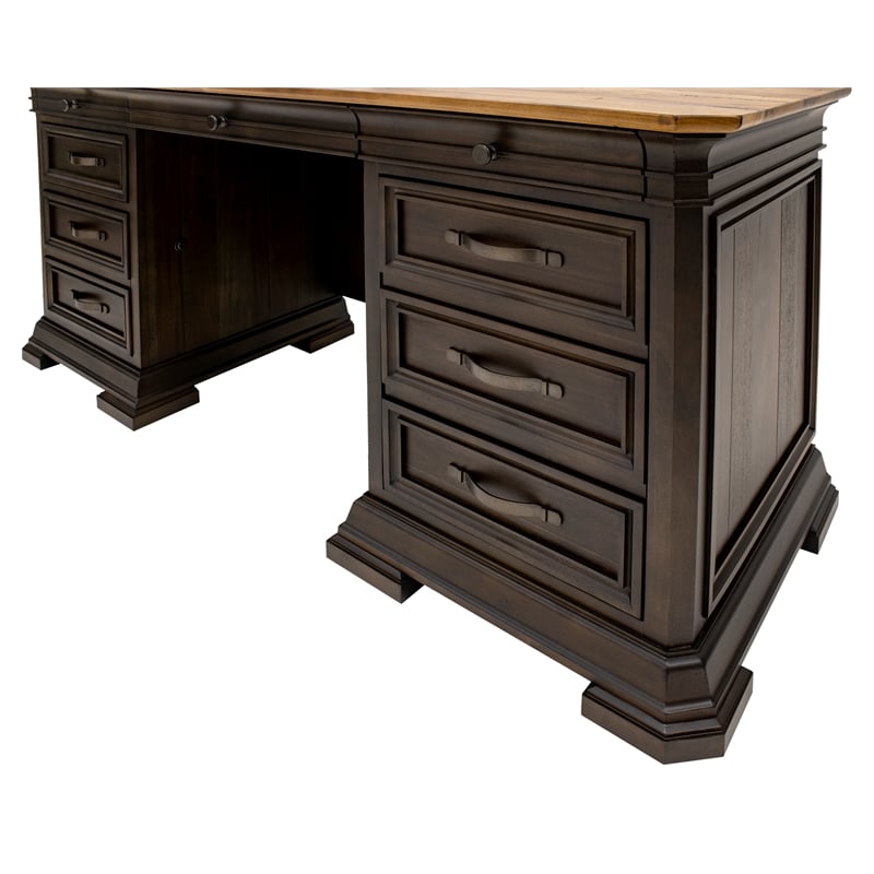 Executive Credenza Desk Writing Table With Solid Wood Plank Top Brown