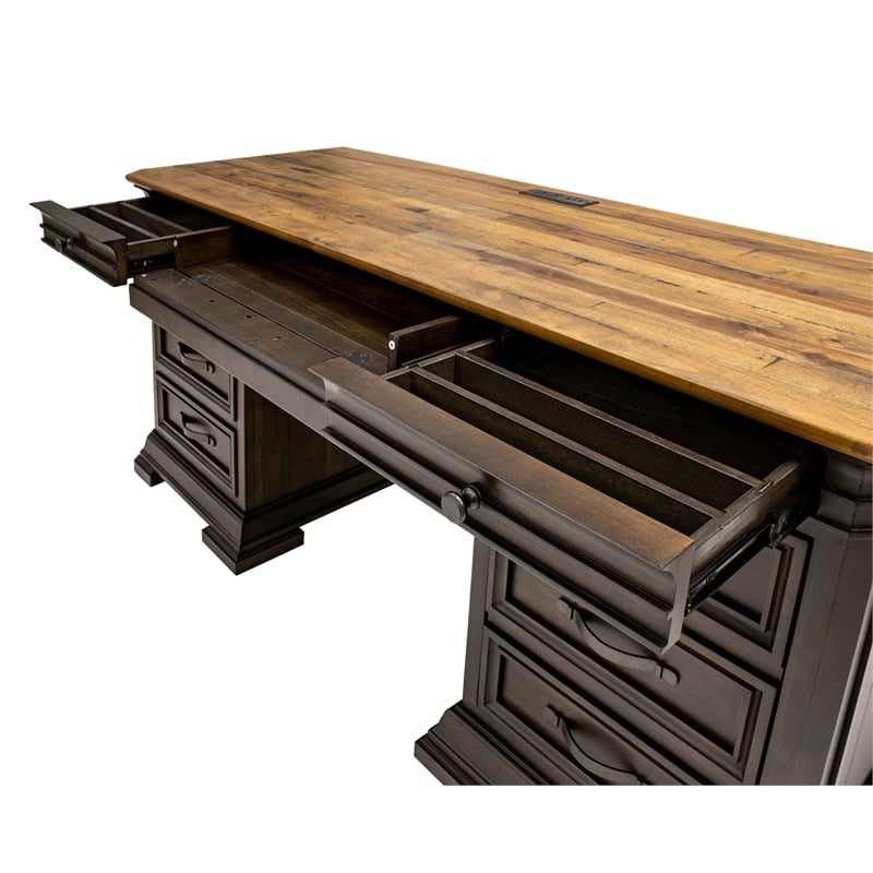 Executive Credenza Desk Writing Table With Solid Wood Plank Top Brown