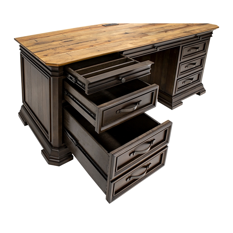 Executive Credenza Desk Writing Table With Solid Wood Plank Top Brown