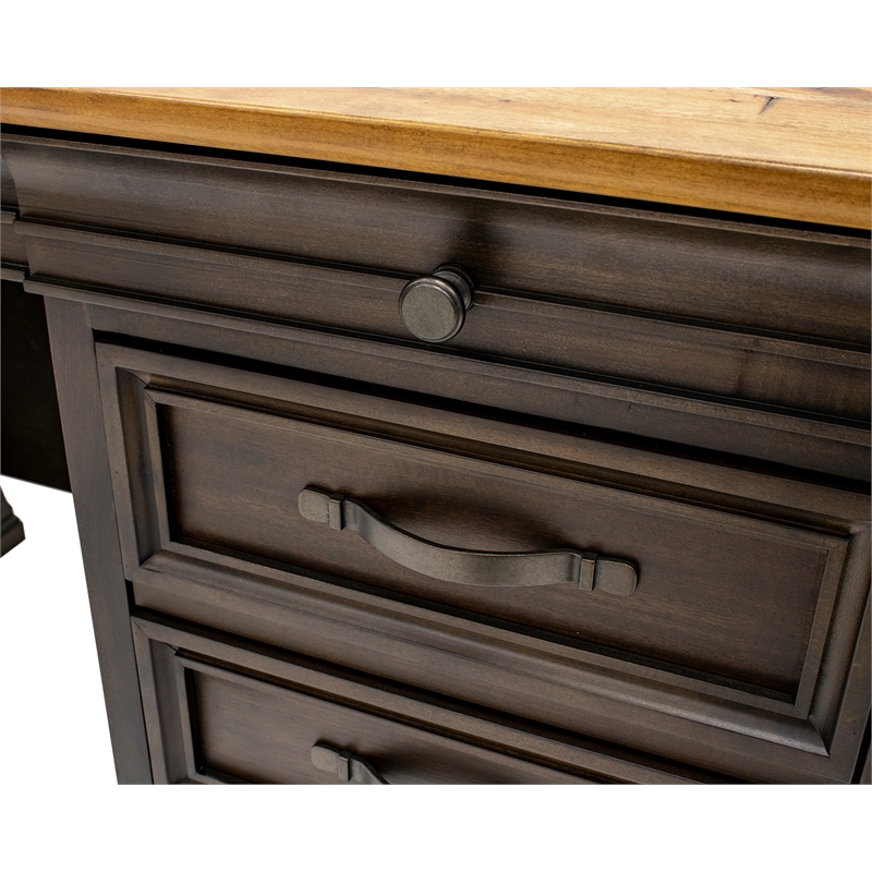 Executive Credenza Desk Writing Table With Solid Wood Plank Top Brown