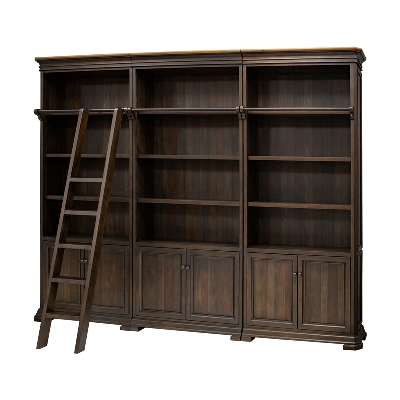 Executive Bookcase Wall With Wood Ladder Fully Assembled Brown | Cymax ...