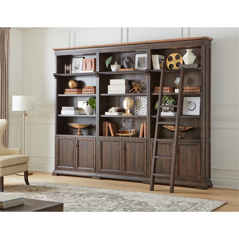 Executive Bookcase Wall With Wood Ladder Fully Assembled Brown Cymax
