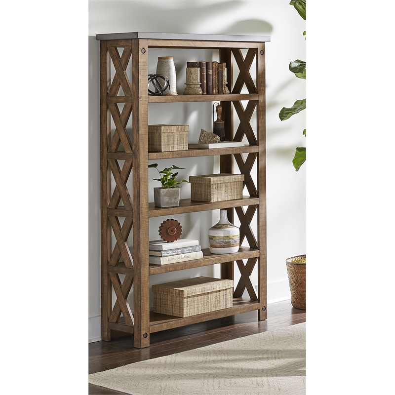 Rustic Open Wood Bookcase Shelving Etarge Brown With Concrete Top