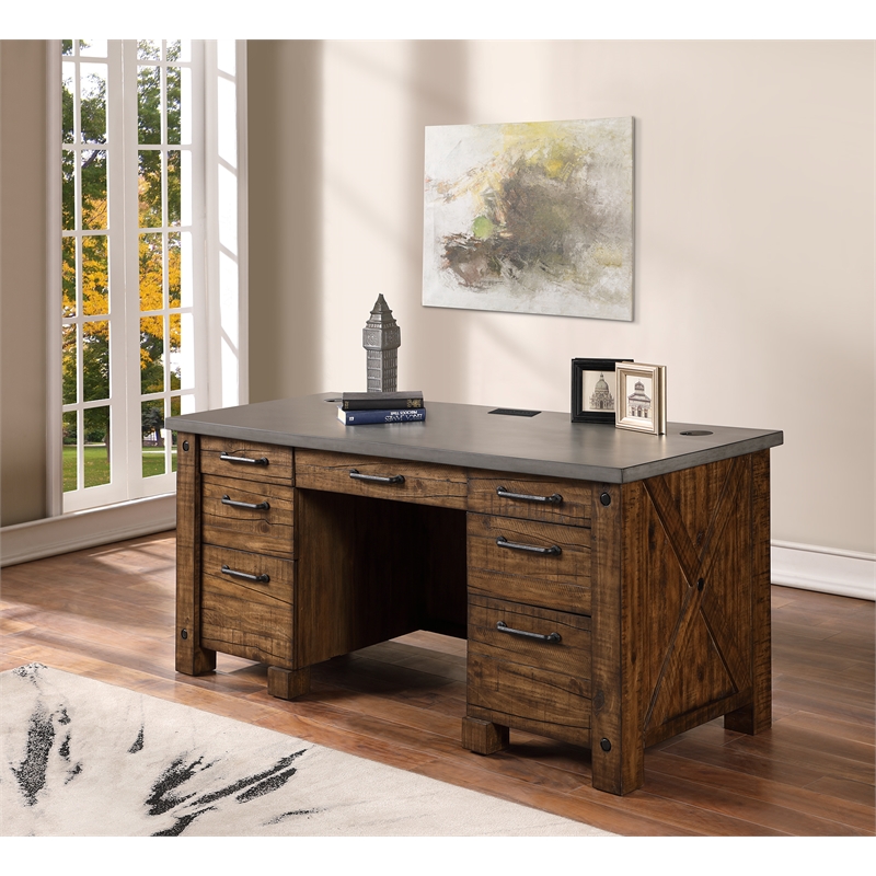 Rustic Home Office Desk Writing Table Wood Credenza Brown Concrete Top |  