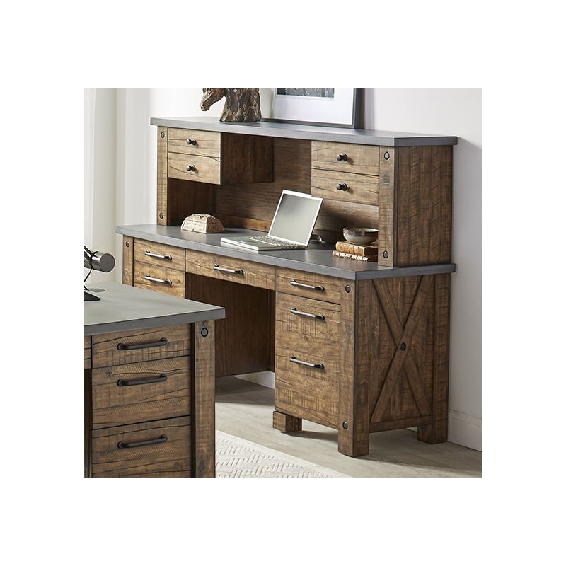 Rustic Home Office Desk Writing Table Wood Credenza Brown Concrete Top