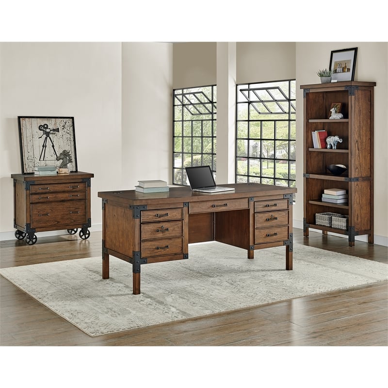 Rustic Wood Lateral File With Legal/Letter File Drawer Fully Assembled Brown