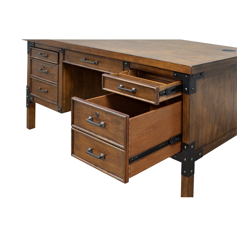 Rustic Half Pedestal Wood Desk Writing Table Office Desk Fully Assembled Brown