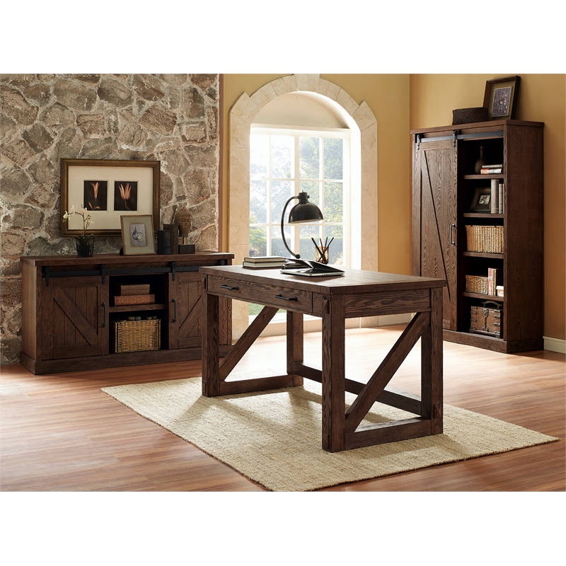 Martin Furniture Avondale 8-Shelf Wood Bookcase with Sliding Door in Brown