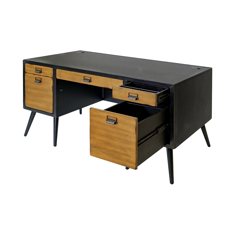Office Table, Small Desk, Bureau, With Black Drawers, Mid Century Modern,  Oak Wood, Customized Size and Finish 